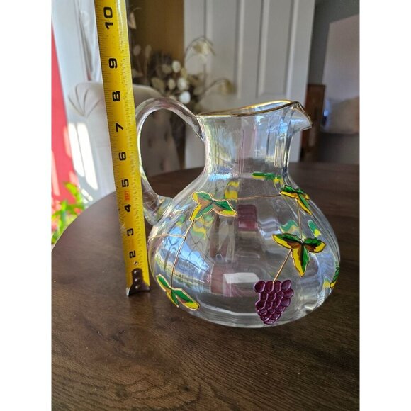 Hand-Painted Glass Pitcher With Grapes & Leaves Design from Romania - Picture 2 of 15